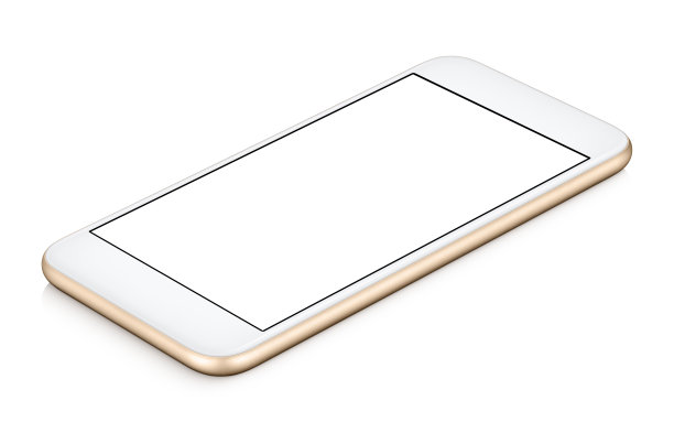 黄金智能手机模型CW旋转躺在表面与空白屏幕隔离在白色