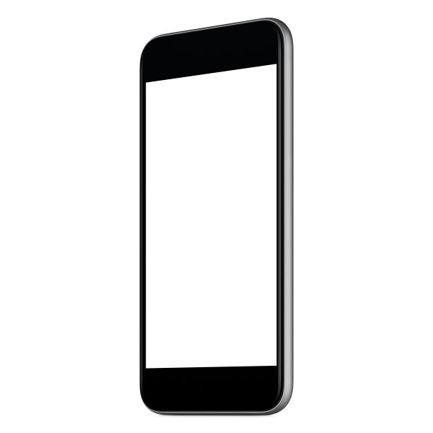黑色智能手机模拟轻微CW旋转与空白屏幕隔离在白色背景