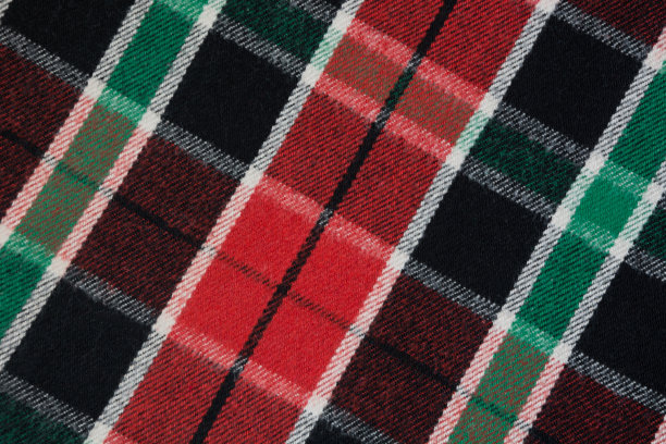 柔软温暖的格子绒毯。绿色和红色格子纹理，微距拍摄。羊毛格子图案。格子布的纹理表面。