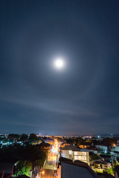 这是一种现象，夜晚城市上空的月亮周围有光晕。