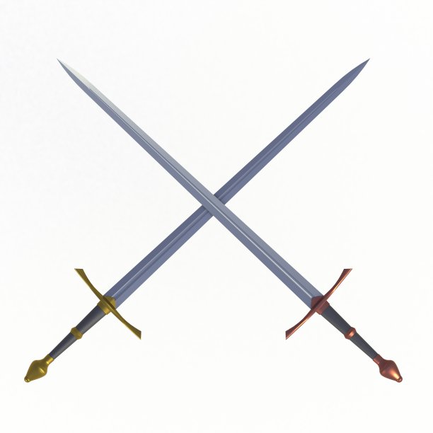 两个交叉的剑,孤立的白色背景,3d渲染