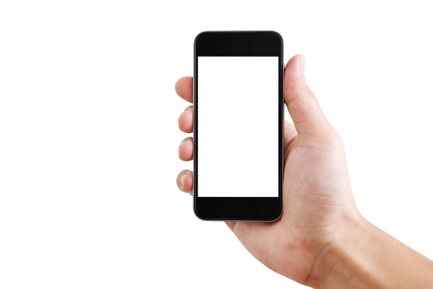 手持手机智能手机空白白色屏幕，孤立在白色背景。剪切路径包括