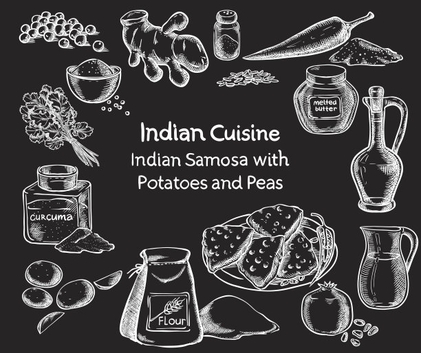 印度菜萨莫萨土豆和豌豆配料。矢量绘制草图。