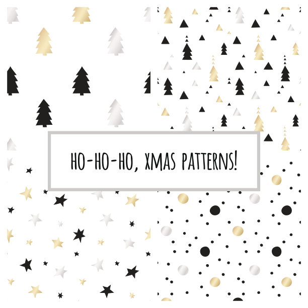 一套金箔无缝模式与圣诞树和星星的圣诞和新年包装纸。矢量图