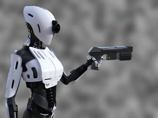 一个带枪的女性机器人的3D渲染图。