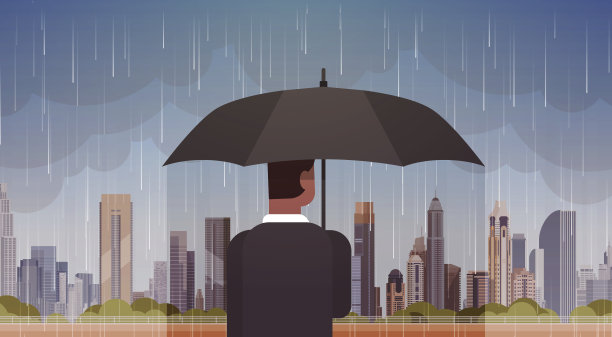 男人撑着伞看城市风暴暴雨背景飓风龙卷风在城镇自然灾害概念