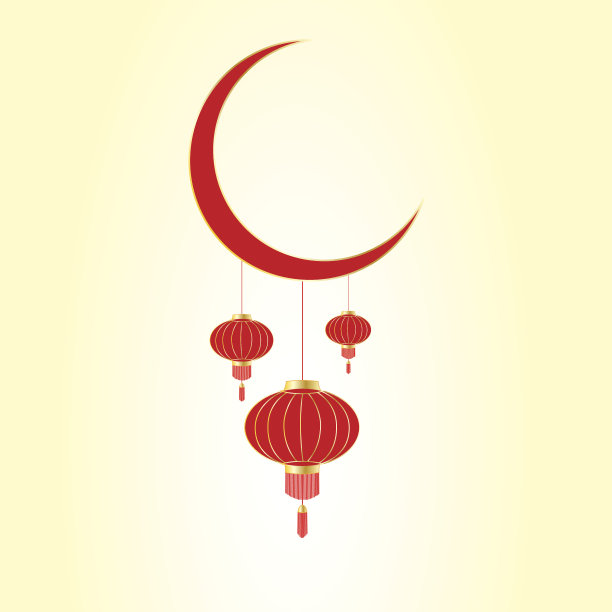 亚洲农历节日。红色的中国灯笼挂在月亮上。