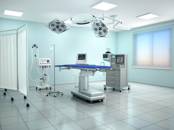手术室的内部视图，蓝色调