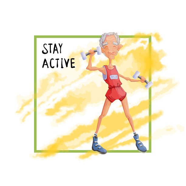 一个老人在用哑铃做运动。老年人积极的生活方式和体育活动。矢量插图。