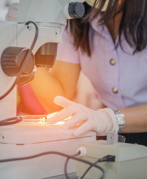 女学生在科学实验室通过显微镜研究生物技术的研究实验。