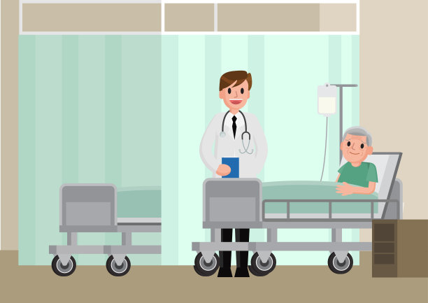 医生探望躺在医院病床上的病人。一位老人在床上休息。
