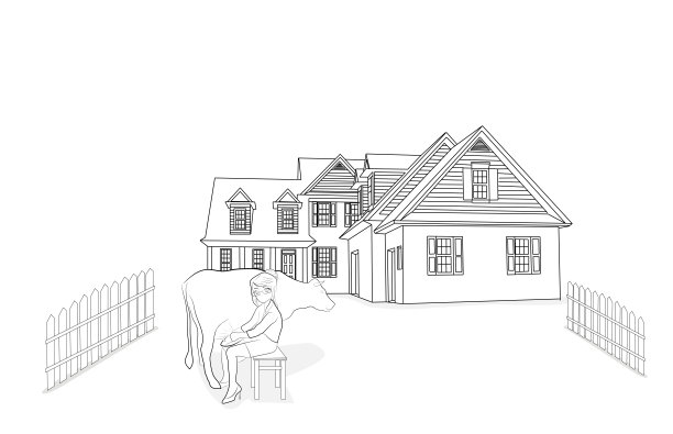 一个妇女在挤牛奶，背景是一所乡村房子。矢量插图。