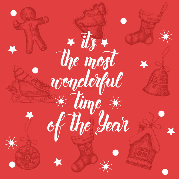 节日海报上写着“这是一年中最美妙的时光”，并用红色手绘圣诞符号。新年快乐。