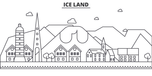 冰岛建筑线天际线插图。线性向量的城市景观与著名的地标，城市景观，设计图标。可编辑的中风