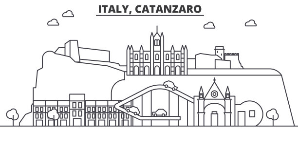 意大利，卡坦扎罗建筑线天际线插图。线性向量的城市景观与著名的地标，城市景观，设计图标。风景与可编辑的笔触