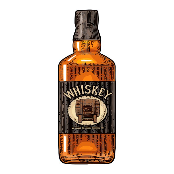 威士忌酒瓶标签与桶。