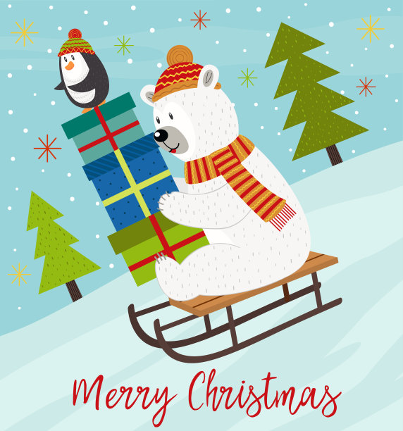 圣诞贺卡和雪橇上的北极熊和企鹅