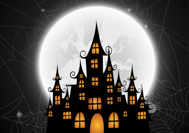 鬼屋和满月，万圣节夜的背景。矢量插图。