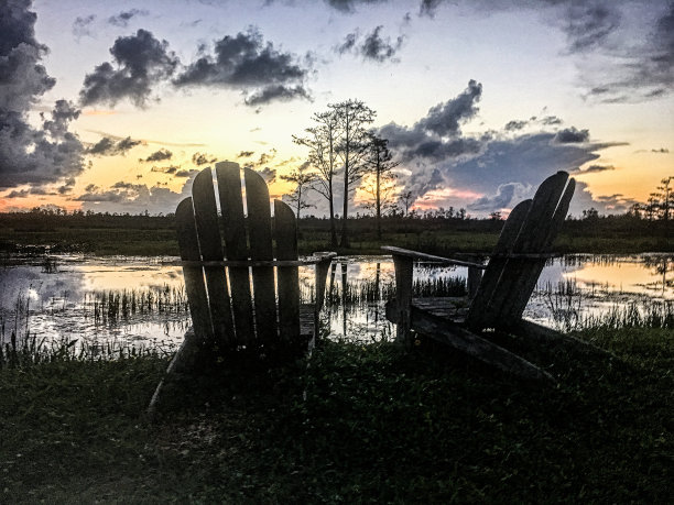 在沼泽中看着夕阳的椅子