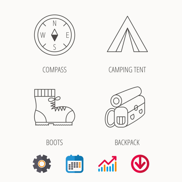 指南针，露营帐篷和登山靴的图标。