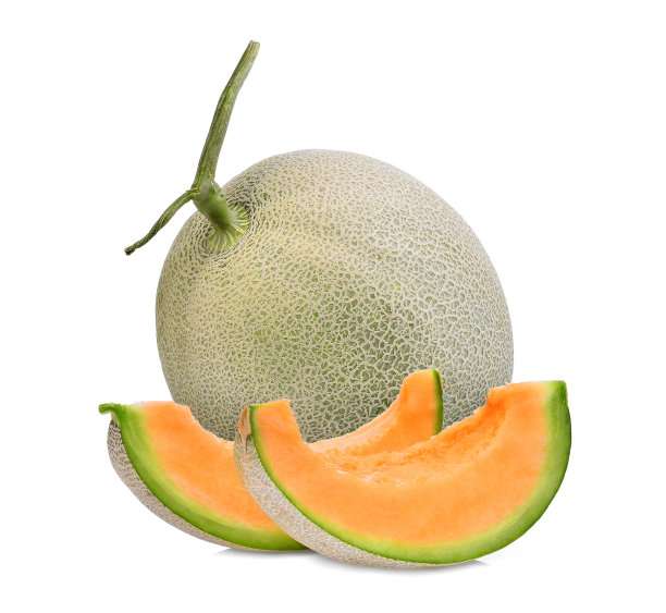 整个和切片的日本甜瓜,橙子甜瓜或哈密瓜孤立在白色背景