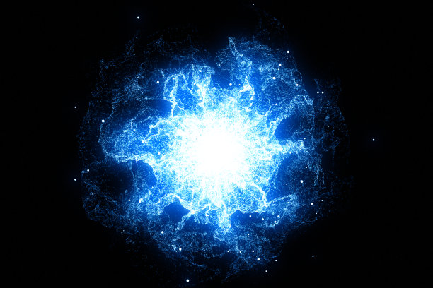 三维渲染,抽象宇宙爆炸冲击波蓝色能量在黑色背景