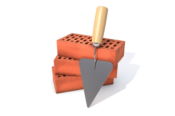 三维插图:三个红色硅酸盐砖堆放在一堆与灰泥抹子隔离在白色的背景。商业隐喻概念:住宅规划建设。