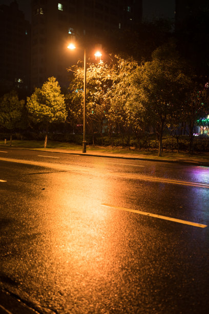 雨夜街上铺着柏油路