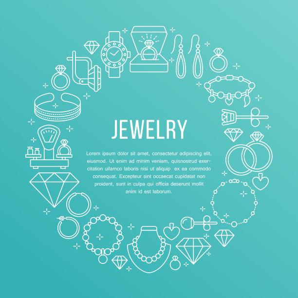 珠宝店，钻石饰品横幅插图。矢量线图标的珠宝-金订婚戒指，宝石耳环，银项链，辉煌。时尚店圈模板与地方的文本