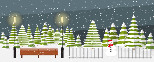 可爱的矢量冬季背景。下雪了，冷杉树的形状各异，灯笼，雪人。冬夜，雪花纷飞，节日主题。外面的公园景观。