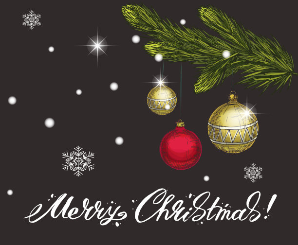 圣诞快乐的贺卡与云杉树枝和玩具在一个黑色的背景。矢量插图。