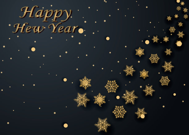 布局快乐新年金色和黑色的文字空间圣诞球，和雪花。金碧辉煌，光彩照人。矢量图