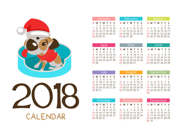 2018年圣诞日历。矢量文件。狗是这一年的象征。有趣的狗杰克罗素梗11