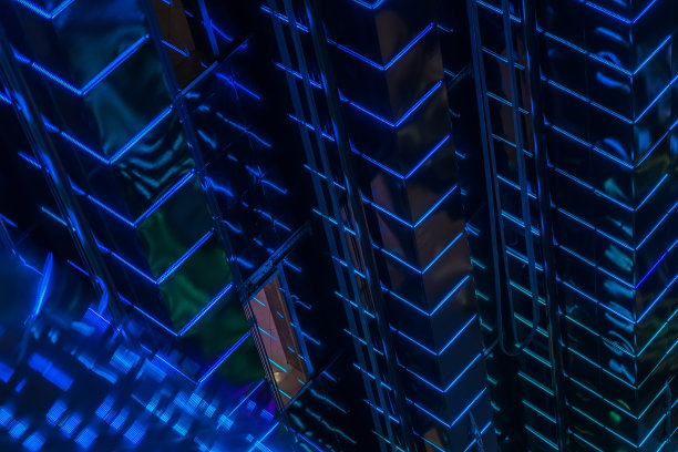 特写抽象的蓝色图案生动的led背光墙高发光的建筑，现代照明的建筑。现代的背景。小运动效果