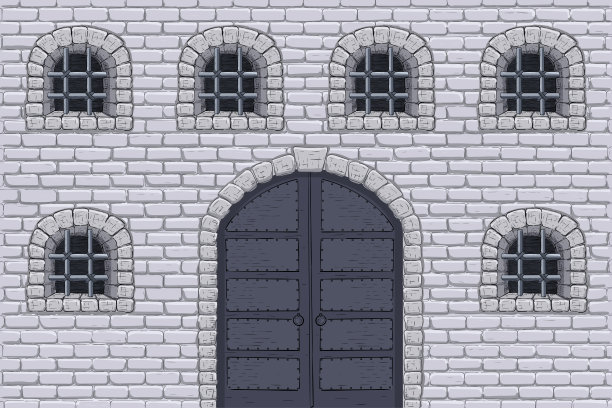 有门和铁条窗户的中世纪城堡的墙。手绘草图
