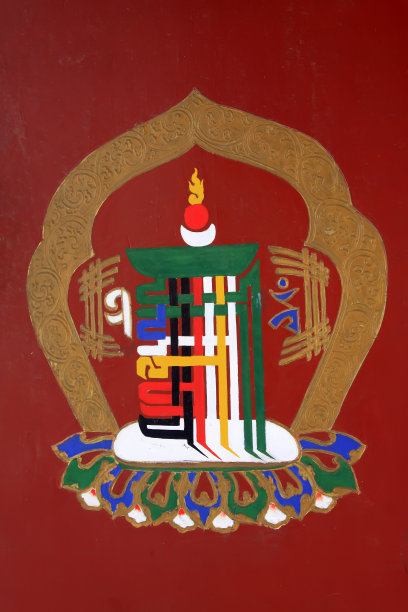 神秘的佛教图案和符号在一个寺庙，特写照片