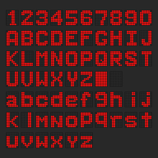 红色LED数字英文大写，小写字体，数字显示在黑色背景