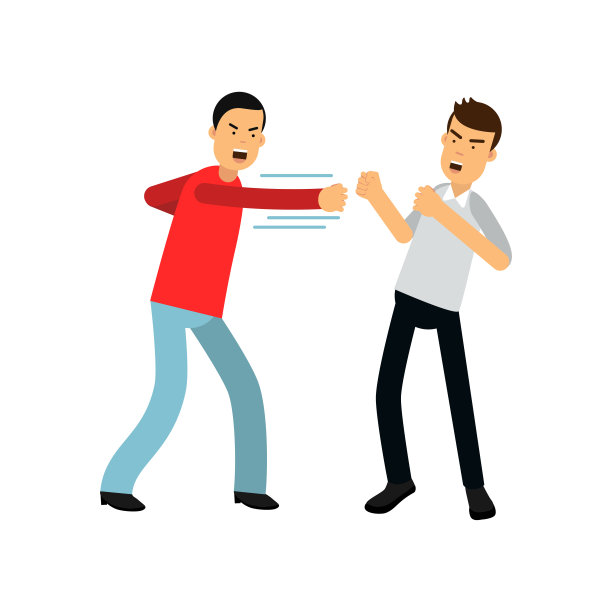 穿红毛衣的卡通人物用拳头攻击穿灰衬衫的人。攻击性和暴力行为