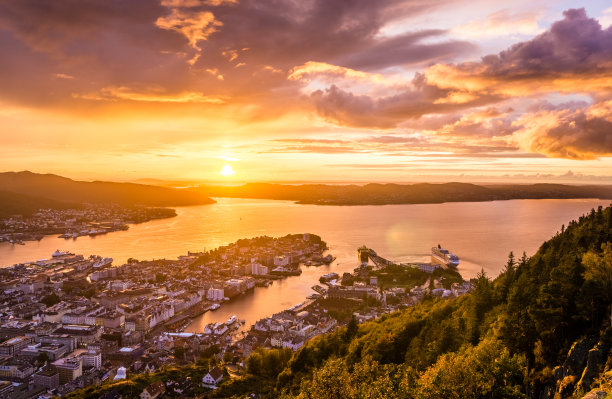 从弗洛安山上看卑尔根市令人惊叹的日落。挪威。