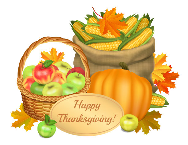 感恩节贺卡快乐。篮子苹果，南瓜，袋子玉米和枫叶在白色的背景。秋天的丰收庆典。矢量插图EPS 10。
