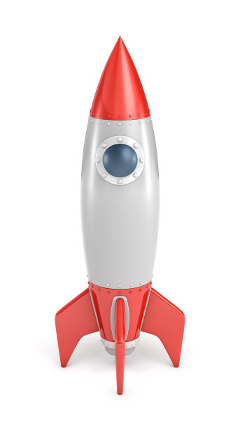 一个银色和红色的火箭船与一个圆形舷窗孤立在白色背景的3d渲染。