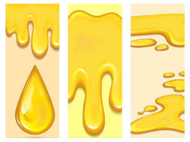 一套橙色蜂蜜滴剥皮者小册子和黄色飞溅卡健康糖浆金色食品液体滴矢量插图