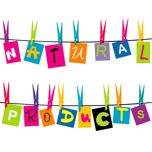 “天然产品”信息用彩色纸条挂在绳子上