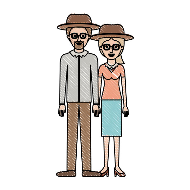 一对彩色蜡笔夫妇，两人都戴着帽子和眼镜;他留着山羊胡，穿着衬衫、裤子和鞋子;她穿着衬衫、裙子和高跟鞋，梳着马尾辫