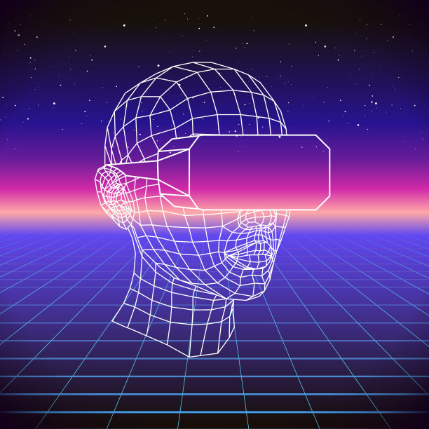 80年代复古科幻背景与VR耳机。矢量未来合成复古波浪插图在80年代海报风格。适合任何80年代风格的印花设计