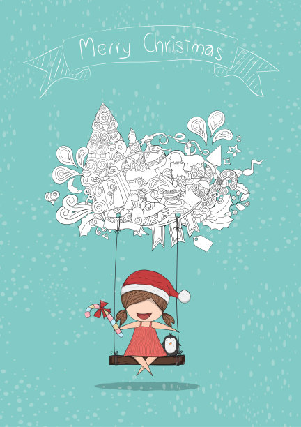 女孩圣诞老人和企鹅摇摆在云图标圣诞可爱。矢量插图，手绘矢量，大小A4