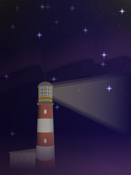 矢量灯塔在远处发光。映衬着繁星点点的天空。北极光