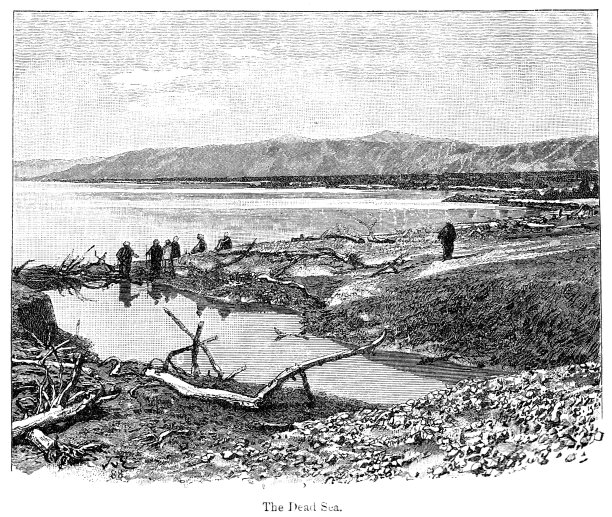 在以色列，约旦，巴勒斯坦死海岸边的19世纪土著人的雕刻;盐湖，1890