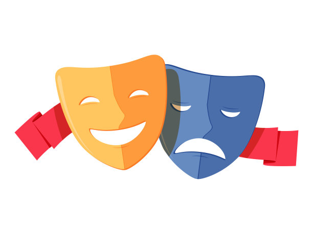 传统剧场的象征，喜剧和悲剧面具上都有红丝带。黄色快乐和蓝色悲伤的面具图标