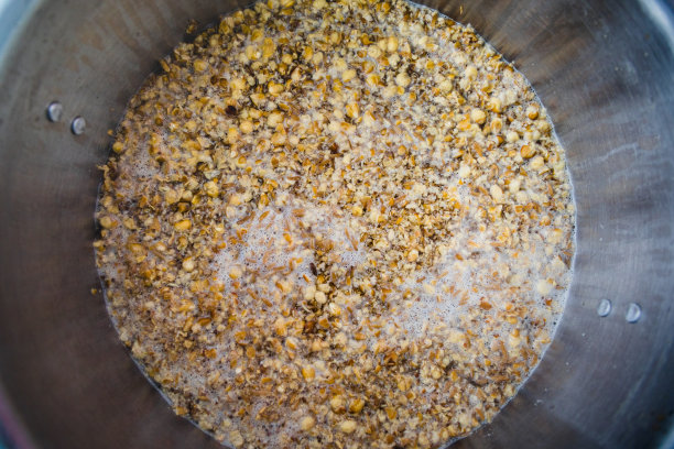 在不锈钢壶中捣碎一种家庭酿造的奶油麦芽啤酒与粉碎的大麦和玉米